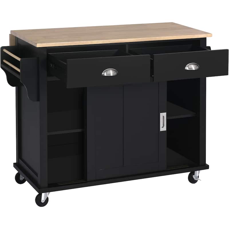 Kitchen Island with Drop-Leaf Countertop, Rolling Kitchen Cart on Wheels, Storage Trolley with 2 Drawers & 2 Sliding Doors