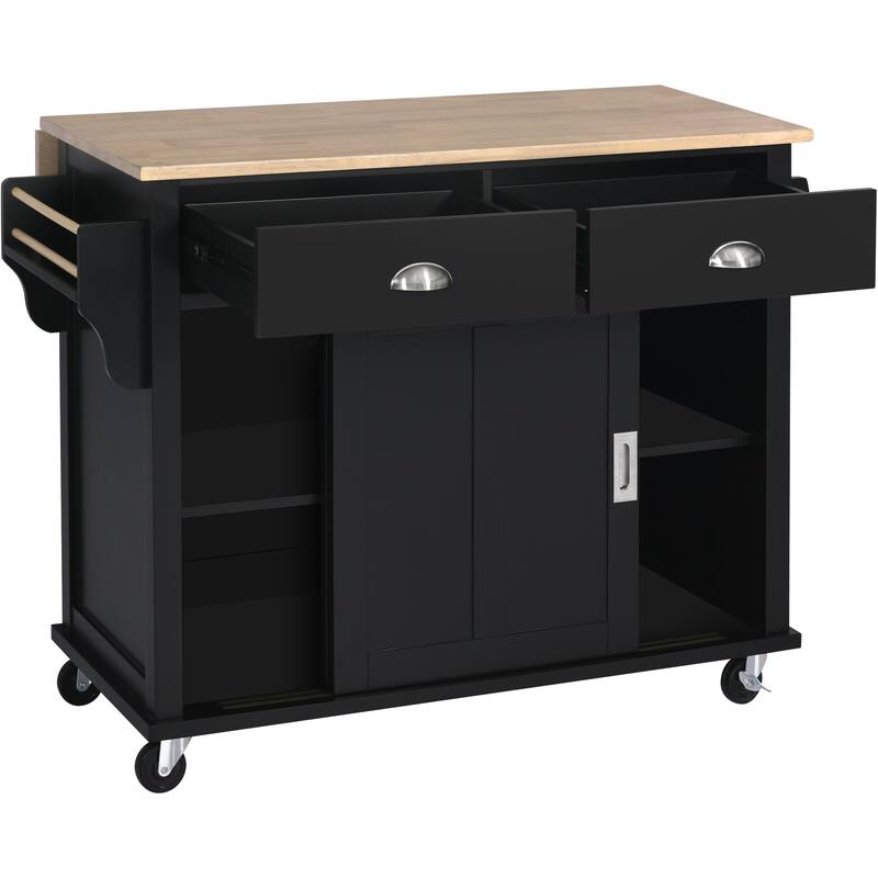 Rolling Kitchen Island with Drop-Leaf Countertop, Adjustable Shelves, 2 Drawers & Sliding Barn Door - Mint Green