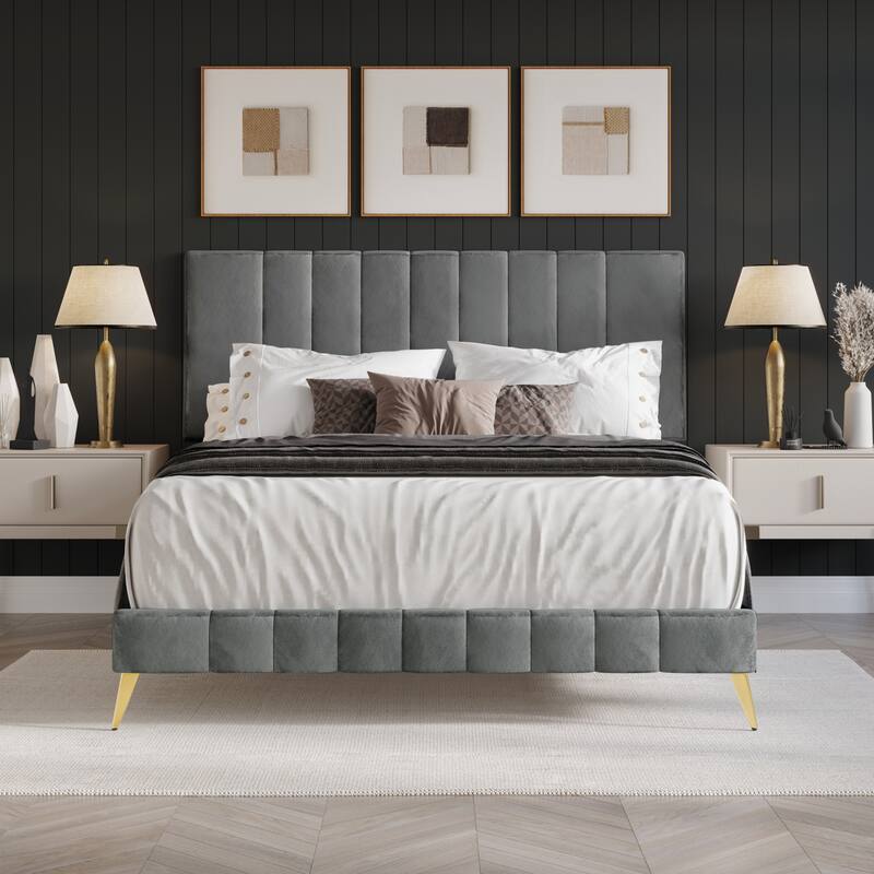 CraftPorch Modern Velvet Tufted Upholstered Gold Accent Platform Bed