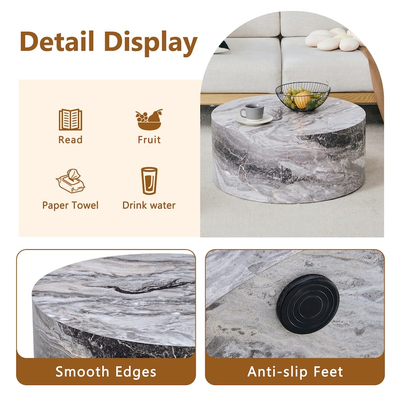Round Sofa Table with Natural Marble Textured, Cylindrical Coffee Table Accent Table for Living Room
