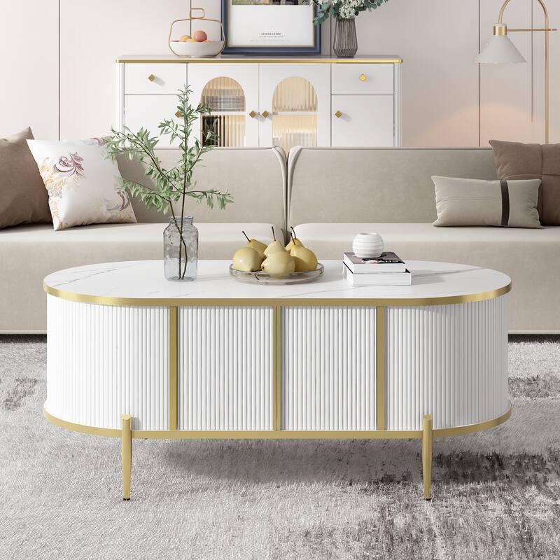 Modern Luxury Oval Grooved Coffee Table Marble Texture Coffee Table with 2 Cabinets Metal Legs for Living Room, White