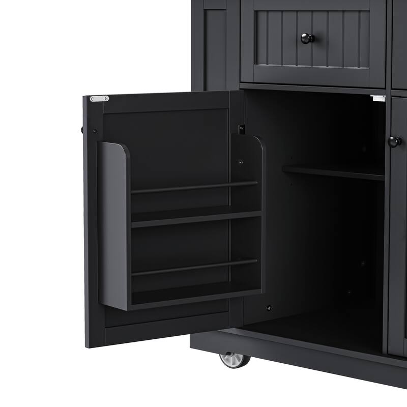 Kitchen Island with Drop Leaf and 5 Open Side Racks - Black