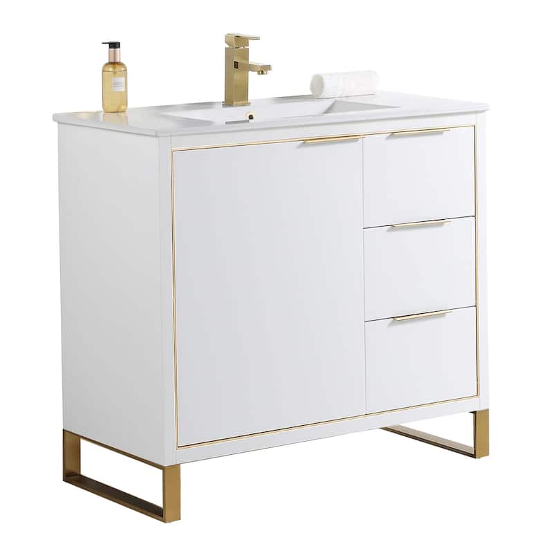 Fine Fixtures Opulence Collection Bathroom Vanity with White Ceramic Sink - 36 Inch - White Matte - Satin Brass Hardware