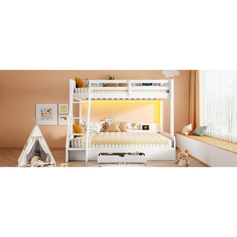 Roomfitters Twin Over Full Bunk Bed with Storage Shelves, LED and Charging Station