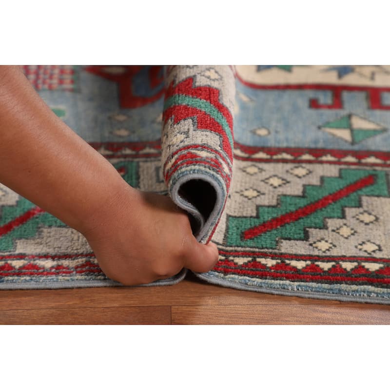 Light Blue Geometric Kazak Rug Hand-Knotted Living Room Wool Carpet - 6'8" x 9'6"