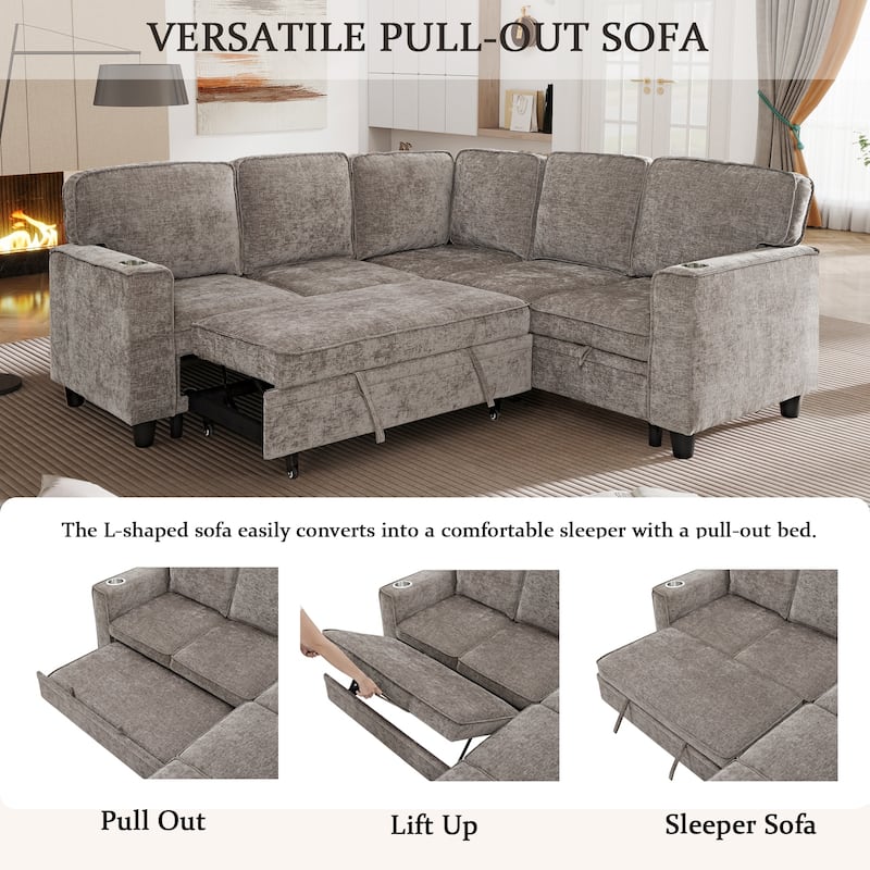 GDFStudio - 5-Seat Sectional L-Shaped Sofa with Pull-Out Sleeper Bed, Storage, Cup Holder & USB Charging - 81"W