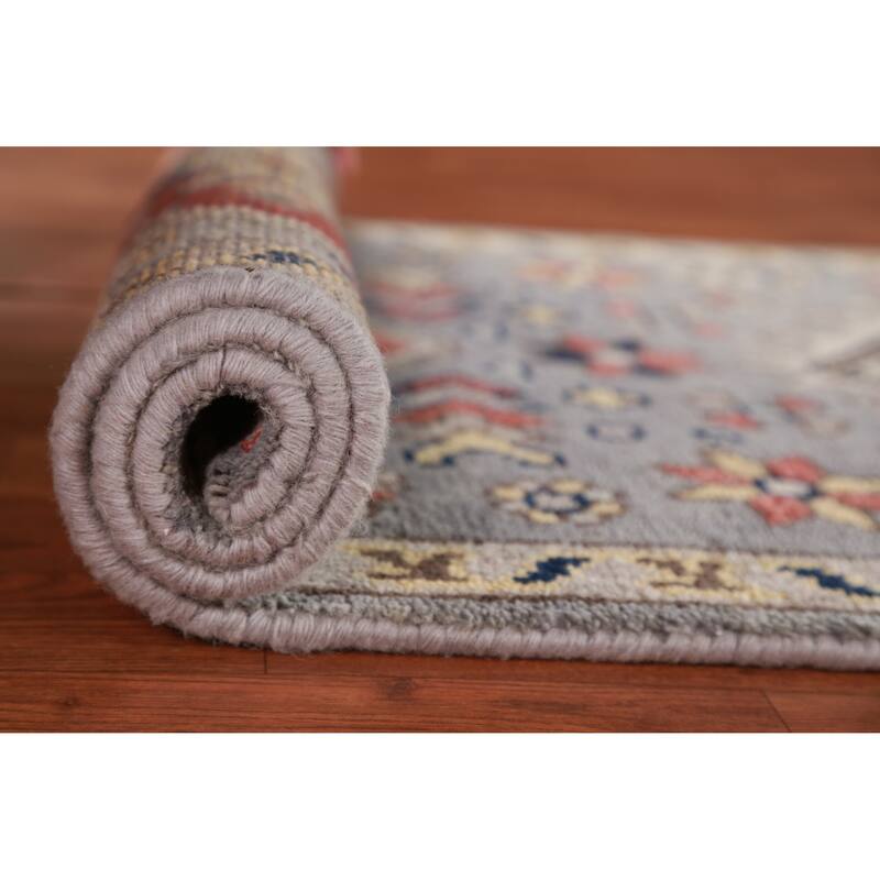 Hand Knotted Oriental 100% Wool Carpet Traditional Geometric Greys & Charcoal Heriz (serapi) Runner Rug - 7' 8'' X 2' 7''