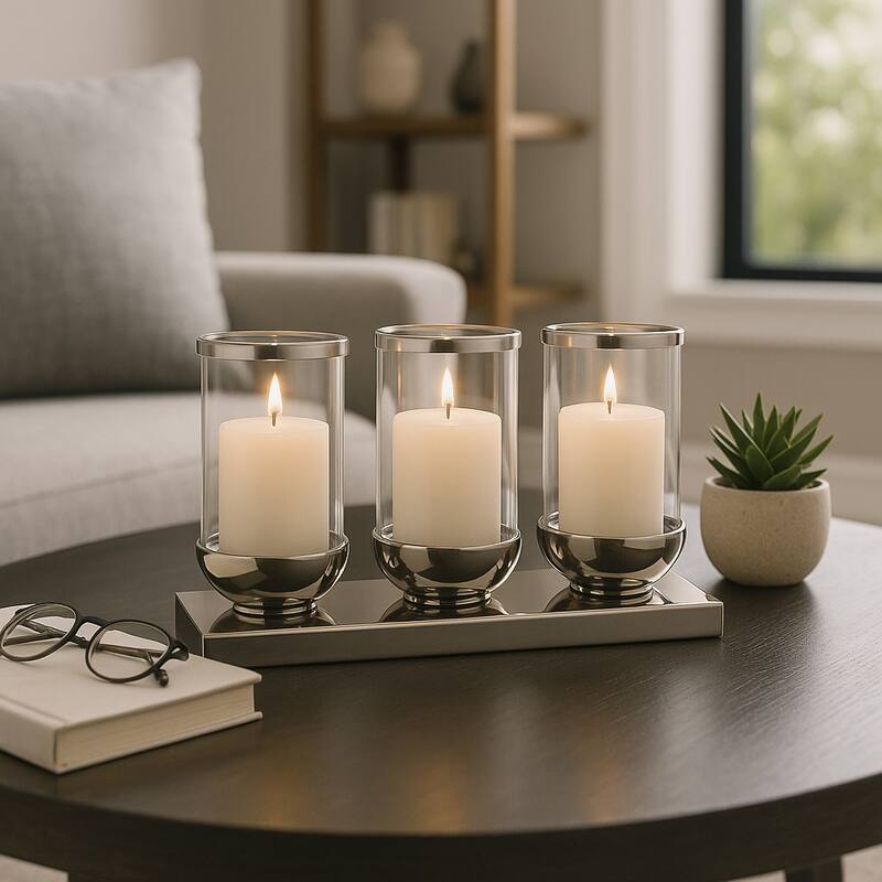 Candle Holder - Silver Metal 3-Candle Centerpiece, 16" - 16.0"