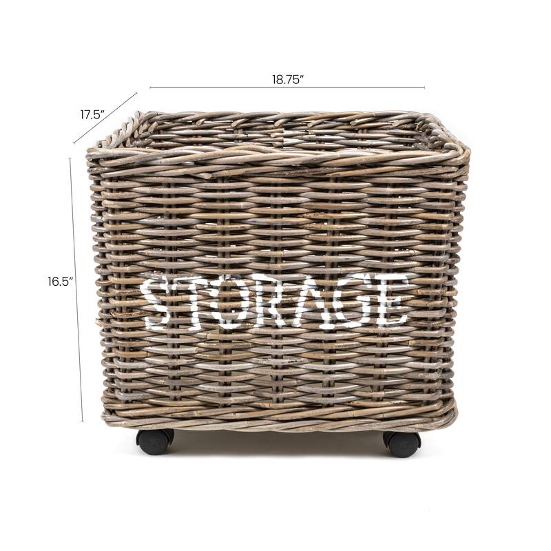 happimess Yael Coastal Hand-Woven "STORAGE" Rattan Basket with Wheels and Handles, Kubu Gray