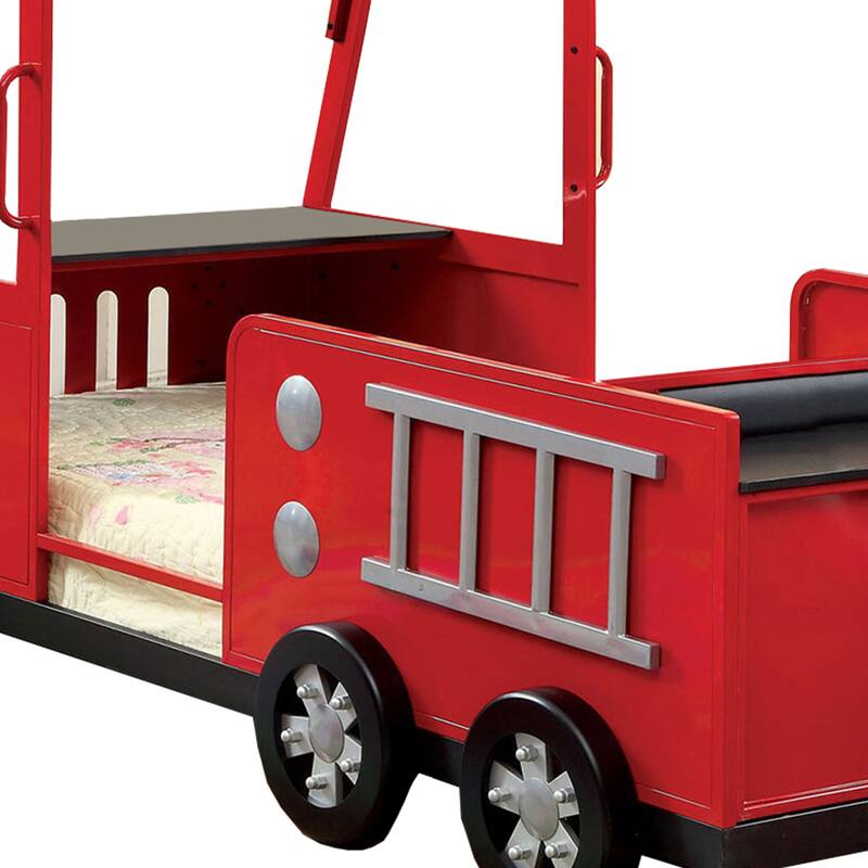 Metal Fire Truck Design Twin Bed with Hidden Storage, Red and Black