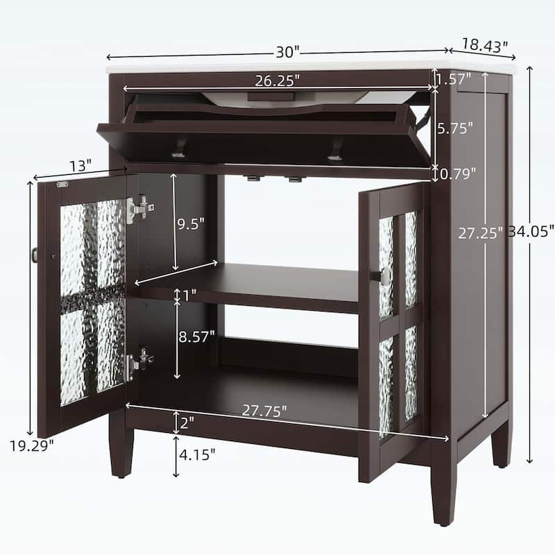 30-Inch Bathroom Vanity with Ceramic Sink,Adjustable Shelf,Tip-Out Tray,Wood Legs