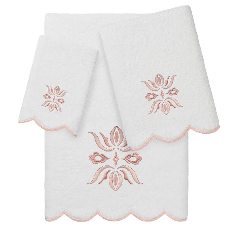 Authentic Hotel and Spa 100% Turkish Cotton FLOWER CREST Scallop Towel Collection - White/Pink - 3 Piece Set