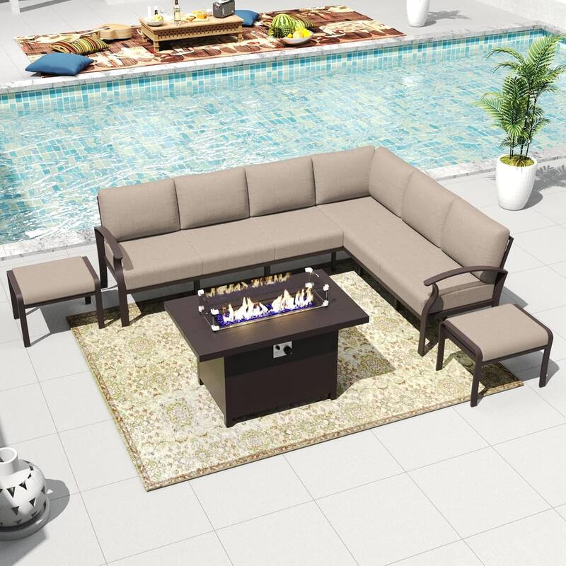Kullavik Aluminum Corner Sofa Set, Patio Outdoor Sectional Sofa Set with Armrests and Footrests - 8 Seats/Fire Pit - Khaki