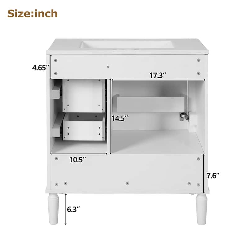 30" Bath Vanity with Ceramic Sink - Soft-Close Doors, 3 Drawers & Built-in Shelf, Modern Design