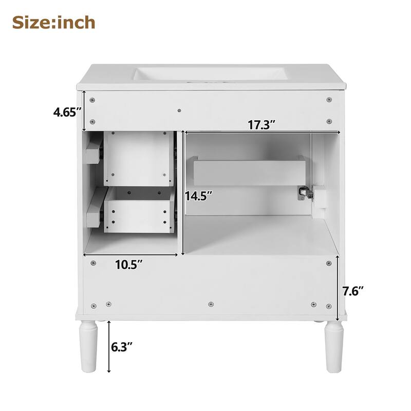 30" Center Rectangular Ceramic Sink Bathroom Vanity Cabinet with Drawers