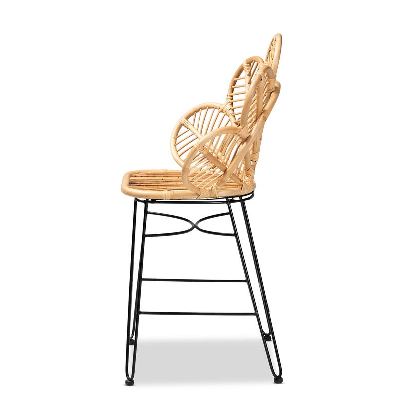Garan Bohemian Natural Brown Rattan and Black Metal Counter Stool