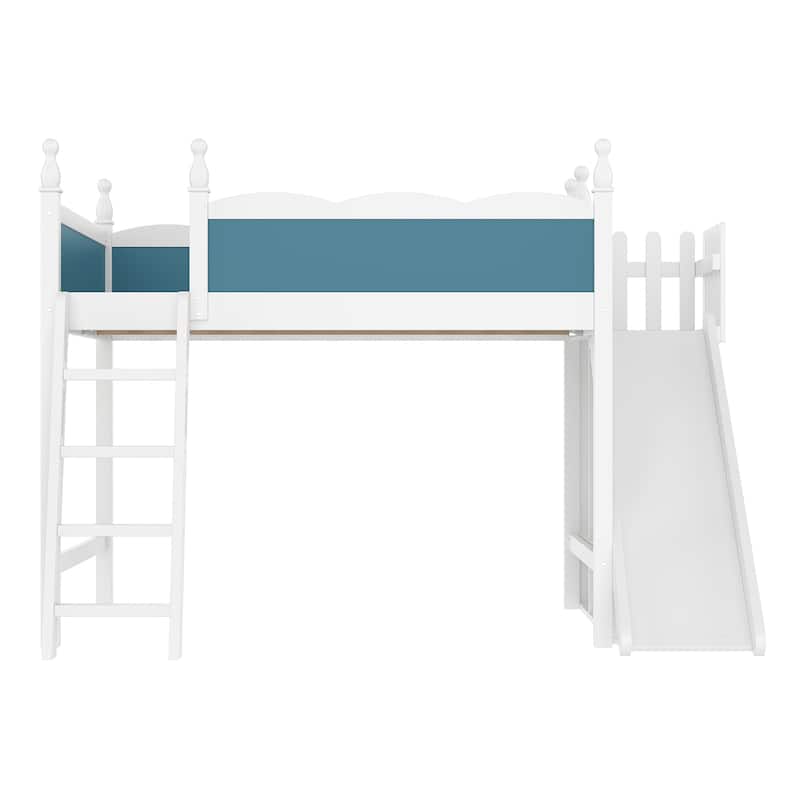 Full Loft Bed with Storage Shelves and Wardrobe, Solid Wood Loft Beds with Detachable Slide and Ladders, No Spring Box Needed