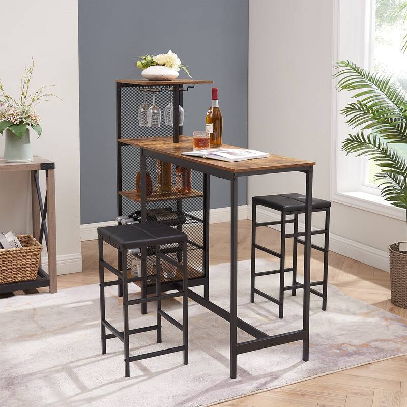 Javlergo 3-Piece Bar Table Set, Rectangular Wood Counter Height Table with 2 Upholstered Stools, Wine Rack & Glass Holder