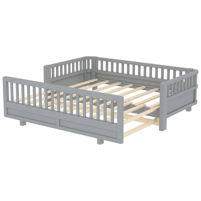 Twin Size Platform Bed with Guardrails, Solid Wood Twin Bed Frame, Can Be Converted into a Double Twin Platform Bed