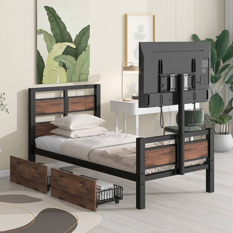 Industrial Metal Twin Platform: 2 Storage Drawers, TV Stand - Black - Twin