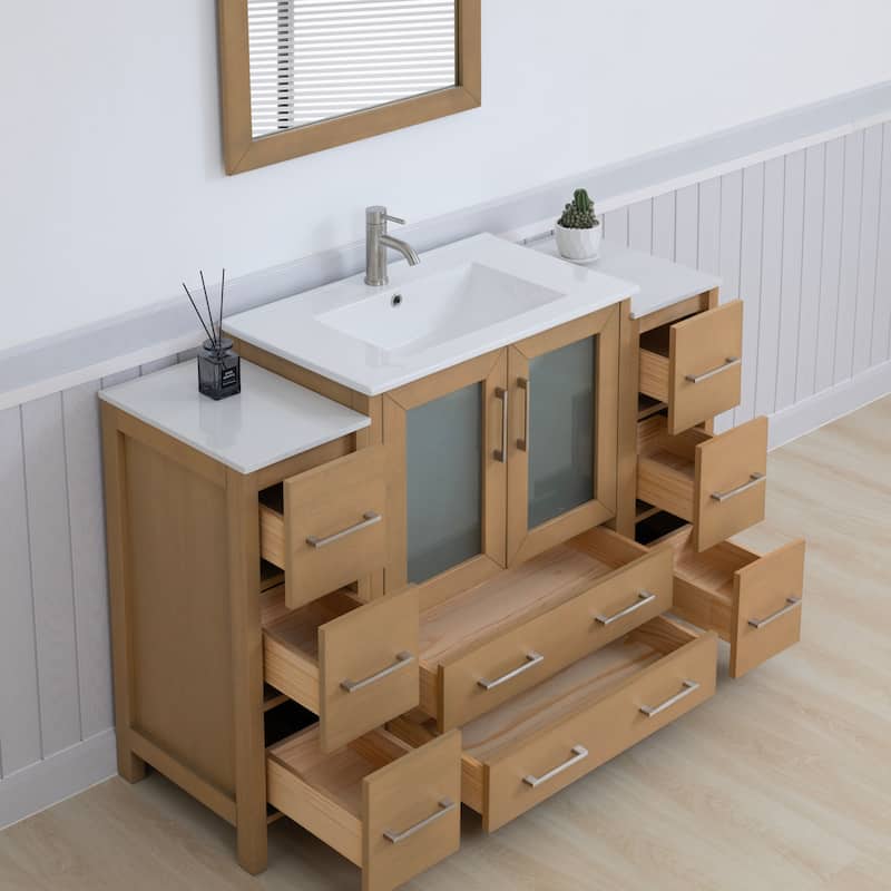 Vanity Art 54 Inch Single Sink Bathroom Vanity Set 8 Dove-Tailed Drawers 3 Cabinets 1 Shelf, Soft-Closing Doors with Free Mirror