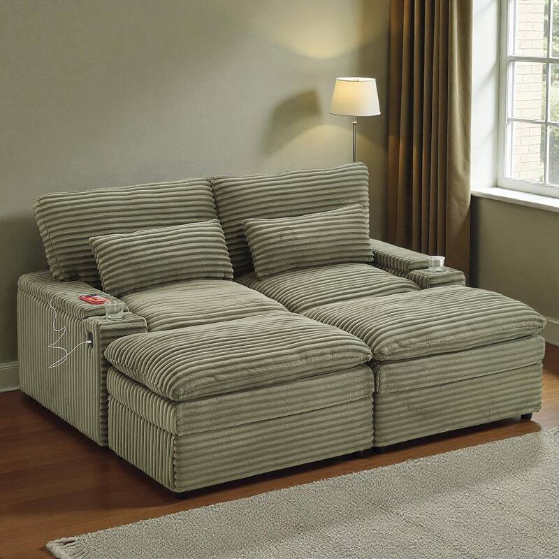 70.9" Convertible Loveseat Sofa Bed with Storage, 2 Ottomans, 4 USB Ports and Cup Holders, Corduroy Sectional for Living Room