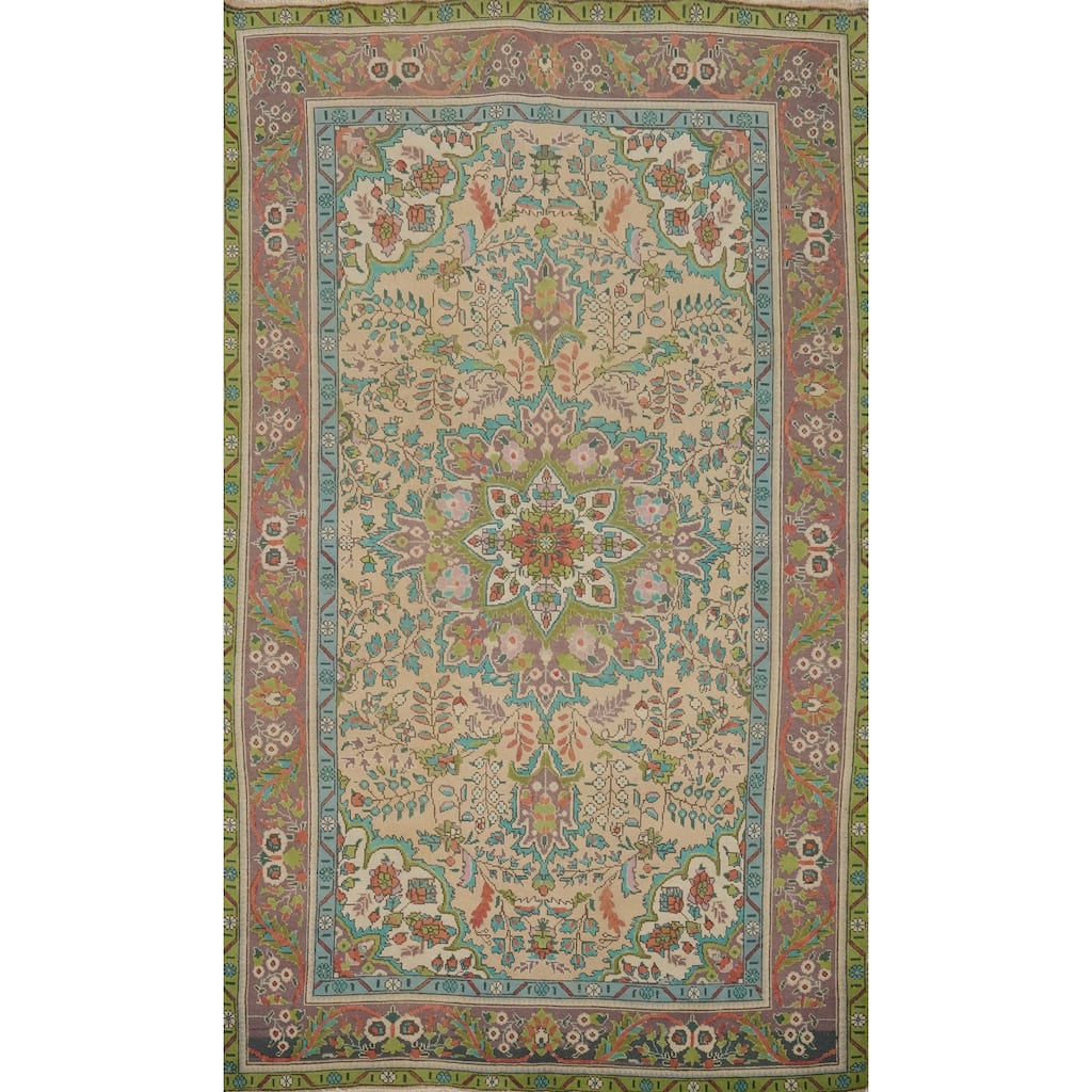 Hand Knotted Oriental 100% Wool Carpet Traditional Floral Beige & Ivories Tabriz Area Rug - 9' 8'' X 6' 4''