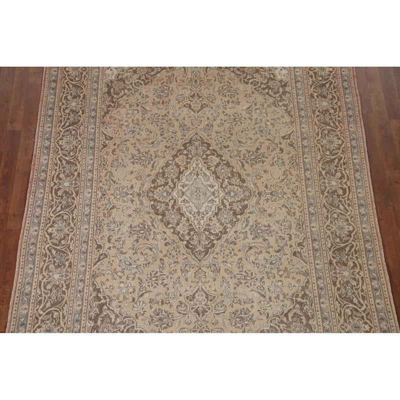 Distressed Mashad Persian Antique Area Rug Hand-knotted Wool Carpet - 6'3" x 9'0"