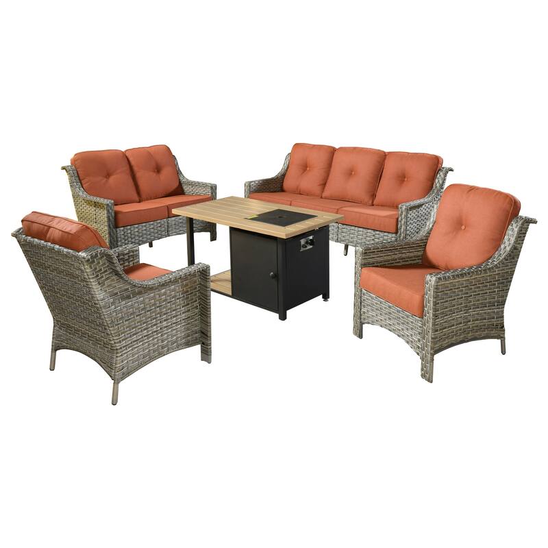 XIZZI 5-piece Patio Furniture Wicker Outdoor High Back Sofa Set with Fire Pit