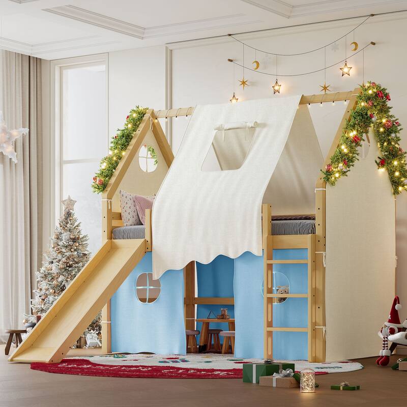 Full Size House Loft Bed with Sills and Tents, Solid Wood Loft Bed with Ladders and Slide, Chic Design with Lights
