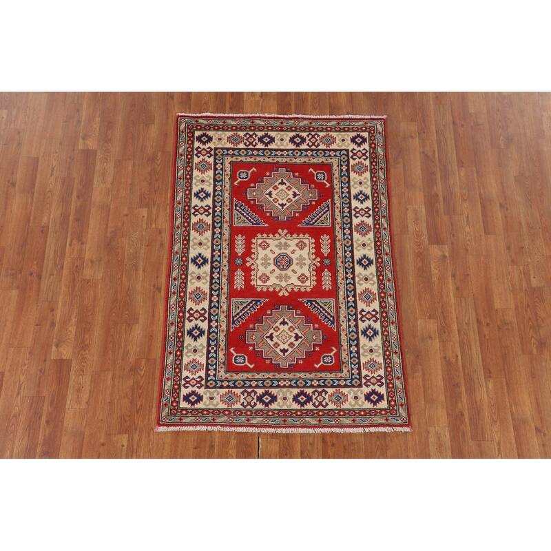 Geometric Red Kazak Accent Rug Handmade Oriental Wool Carpet - 3'3" x 4'10"