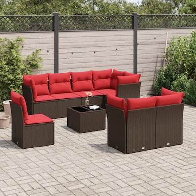 vidaXL 8/9 Piece Patio Sofa Set with Cushions Brown/Gray Poly Rattan - 21.7 x 24.4 x 27.2