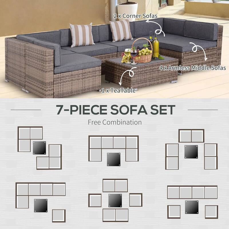7PCS Patio Sectional, All Weather PE Rattan Sofa Coffee Table