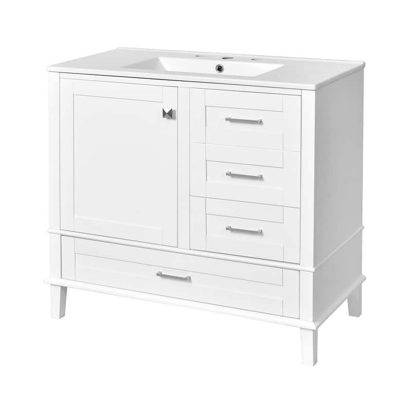 Contemporary 36-inch White Bathroom Vanity Cabinet with a Sturdy Pine Frame, 1 Soft Close Door and 3 Drawers.