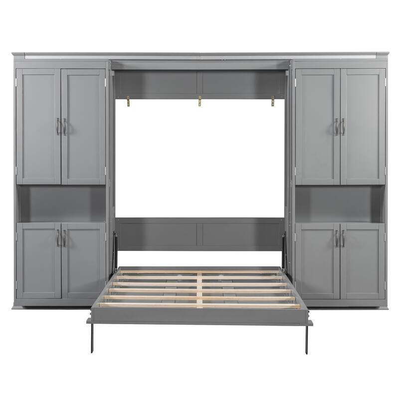 Queen Murphy Bed with Sliding Storage Cabinets & Shelves - Large Capacity Wall Bed System