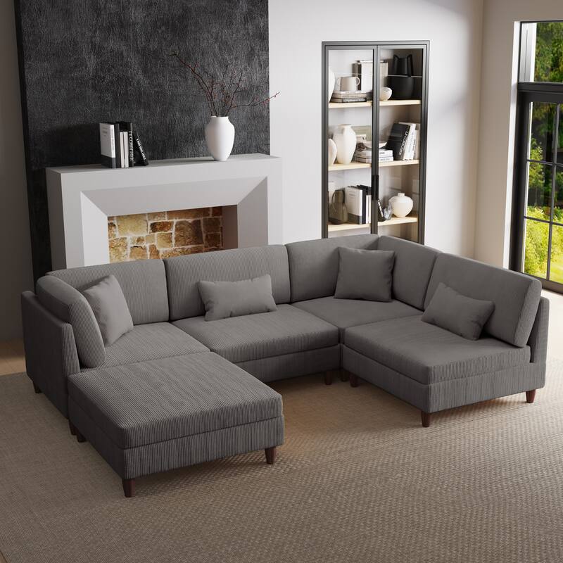 Corduroy Modular Sectional Sofa Set With Ottoman - 5 Pieces/Light Grey - Symmetrical