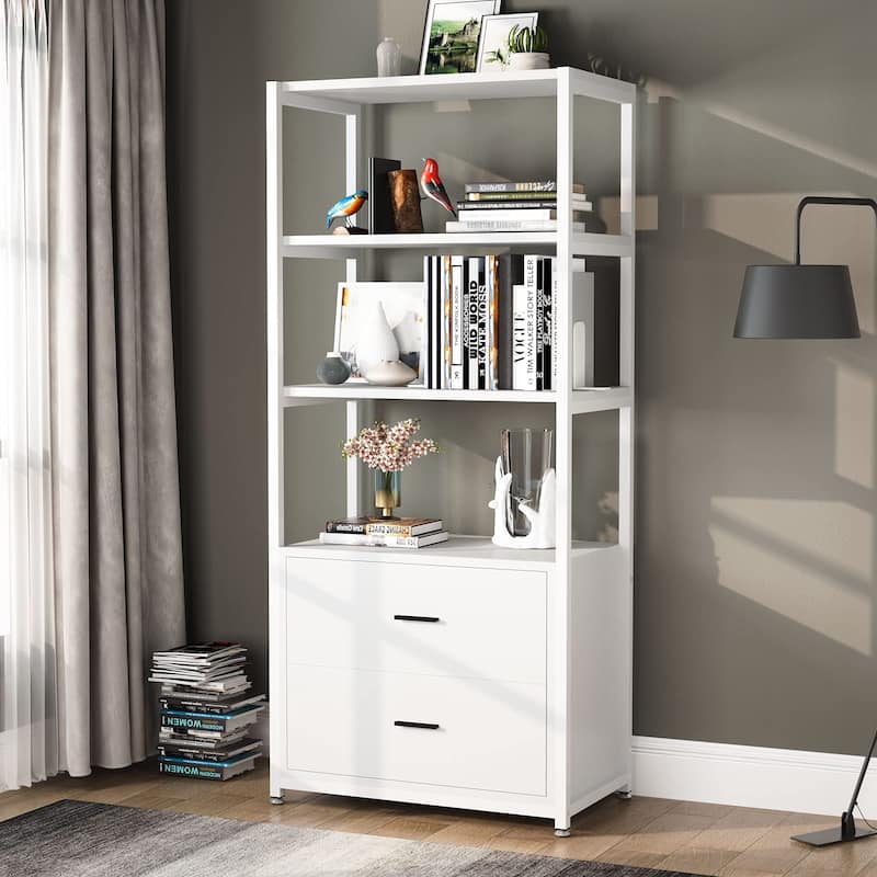 4-Tier Rustic Bookcases with 2 Drawers, Etagere Standard Book Shelves Display Shelf for Home Office