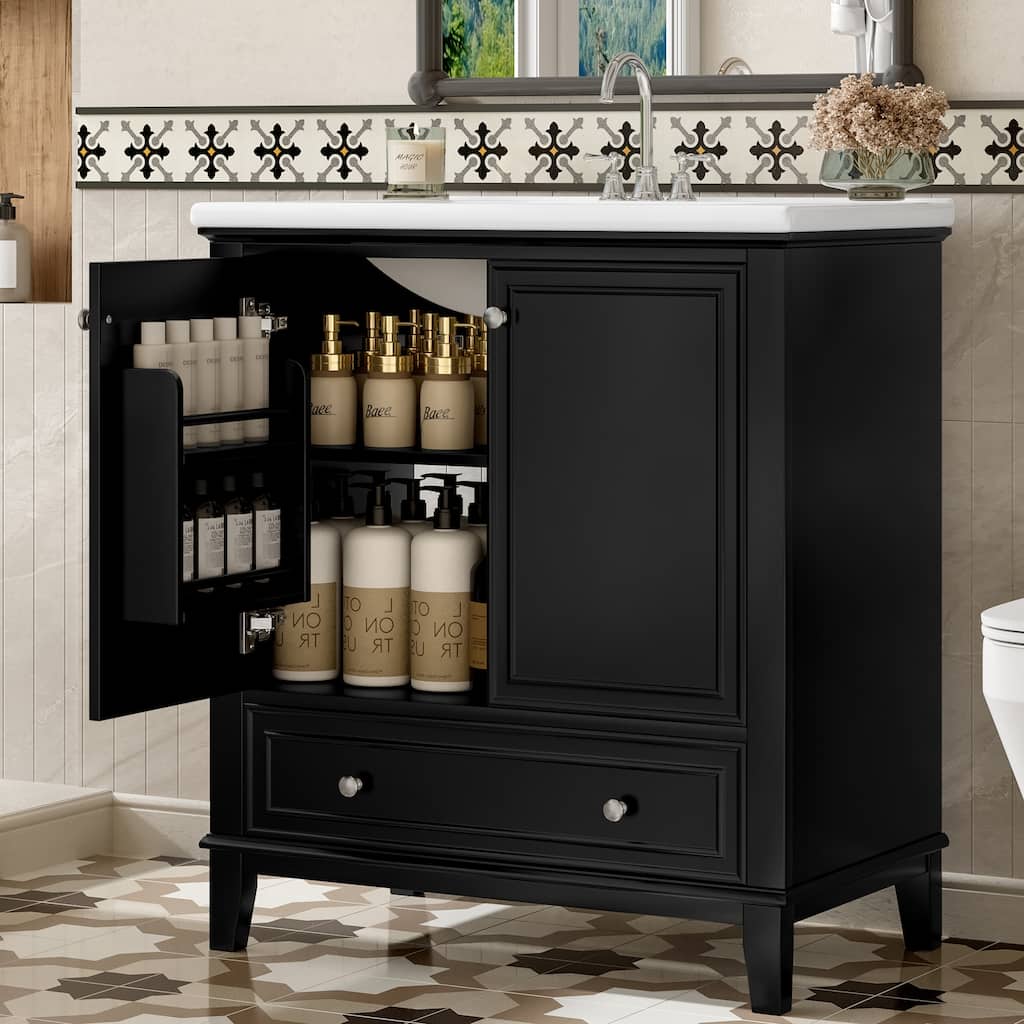 30" Bathroom Vanity Cabinet with Ceramic Sink Combo, Black - 30 Inch