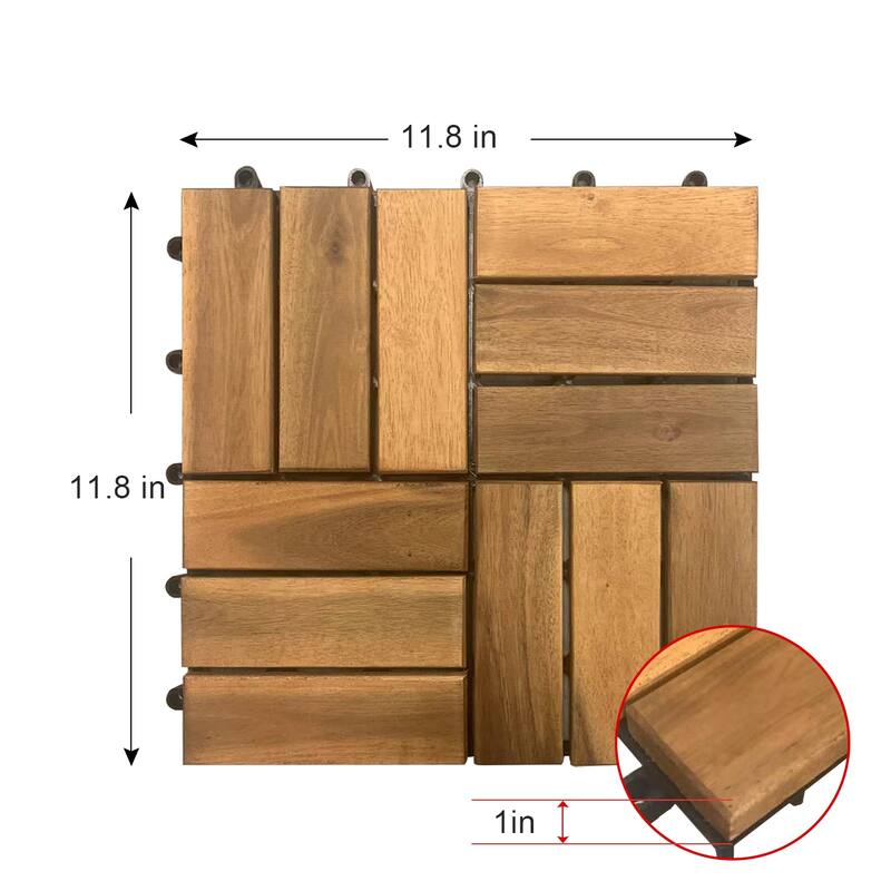 NOVO Solid Acacia 12 Slats Interlocking Flooring Deck Tiles,11.8" x 11.8" (10 Pack) - 11.8" x 11.8"(10p)