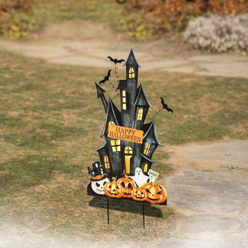 Glitzhome 32"H Happy Halloween Metal Haunted House Yard Stake
