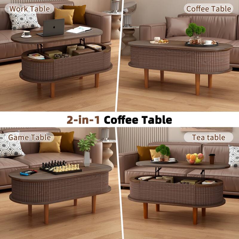 Fluted Lift Top Coffee Table with Hidden Compartment, Wooden Center Table, Modern Oval Lift Tabletop for Home Living Room