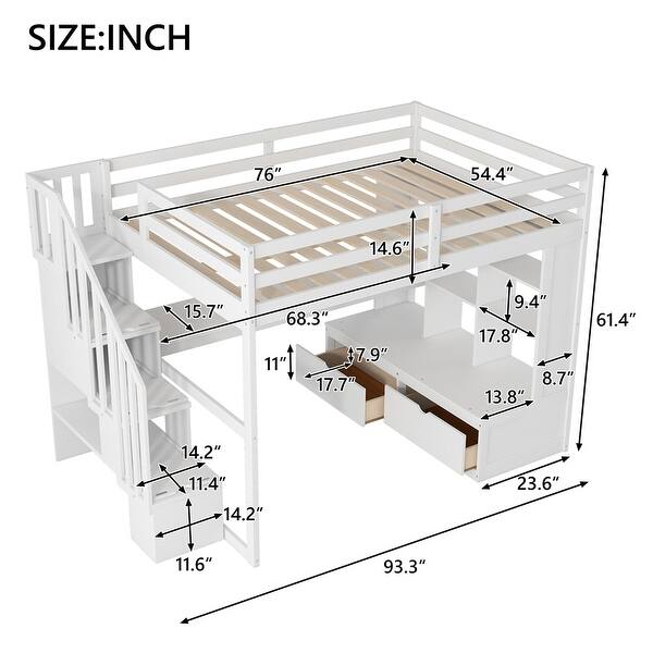 Full Size Loft Bed with Desk and Shelves, Two Built-in Drawers, and Storage Staircase, White