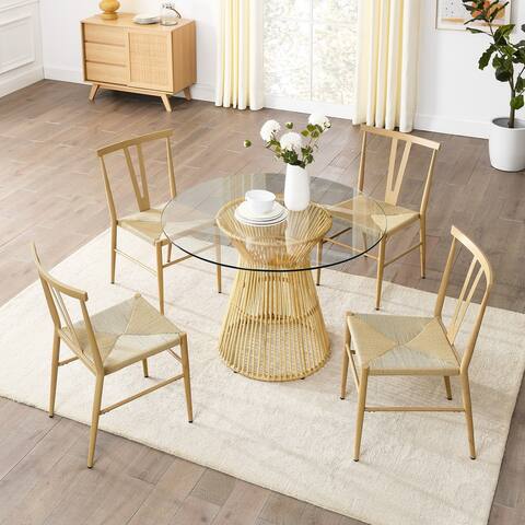 5 Pieces Round Tempered Glass Top Dining Table Set (Table + 4 Chairs)
