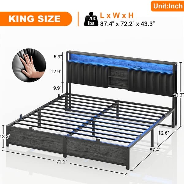 dimension image slide 7 of 10, Upholstered Bed Frame with Storage Shelving, Platform Beds with Charge Station and LED Lights