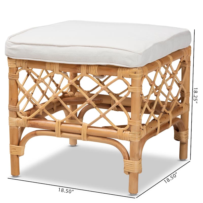 Orchard Modern Bohemian Upholstered Rattan Ottoman-White/Natural Brown
