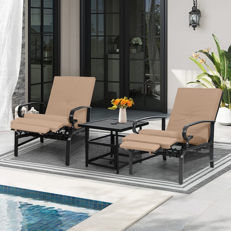 Outdoor Metal Patio Adjustable Recliner Lounge Chair & Bistro Table Set, Retractable Steel Frame and Removable Thick Cushion