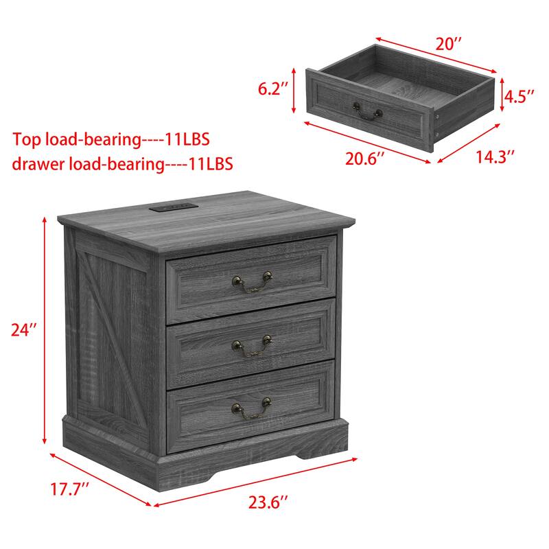 Farmhouse Nightstand with Charging Station, 3 Drawer Bedside Table with 2 AC Outlets & 2 USB Ports, Rustic Wood End Table