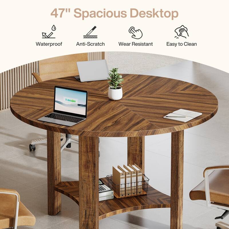 47-Inch Round Conference Table for 4-6 People with Storage Shelf - 47.24" L x 47.24" W x 29.53" H
