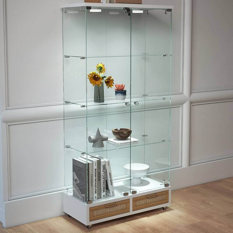 Modern Glass Display Cabinet with Large Drawer for Living Room and Bedroom