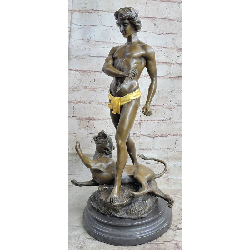 Hot Cast Art Deco Young Boy Killing Cougar With Dagger Bronze Sculpture Statue